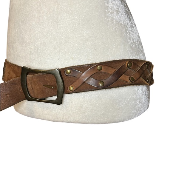 Brown Leather Belt Braided Design Gold Buckle Medium - Picture 5 of 10